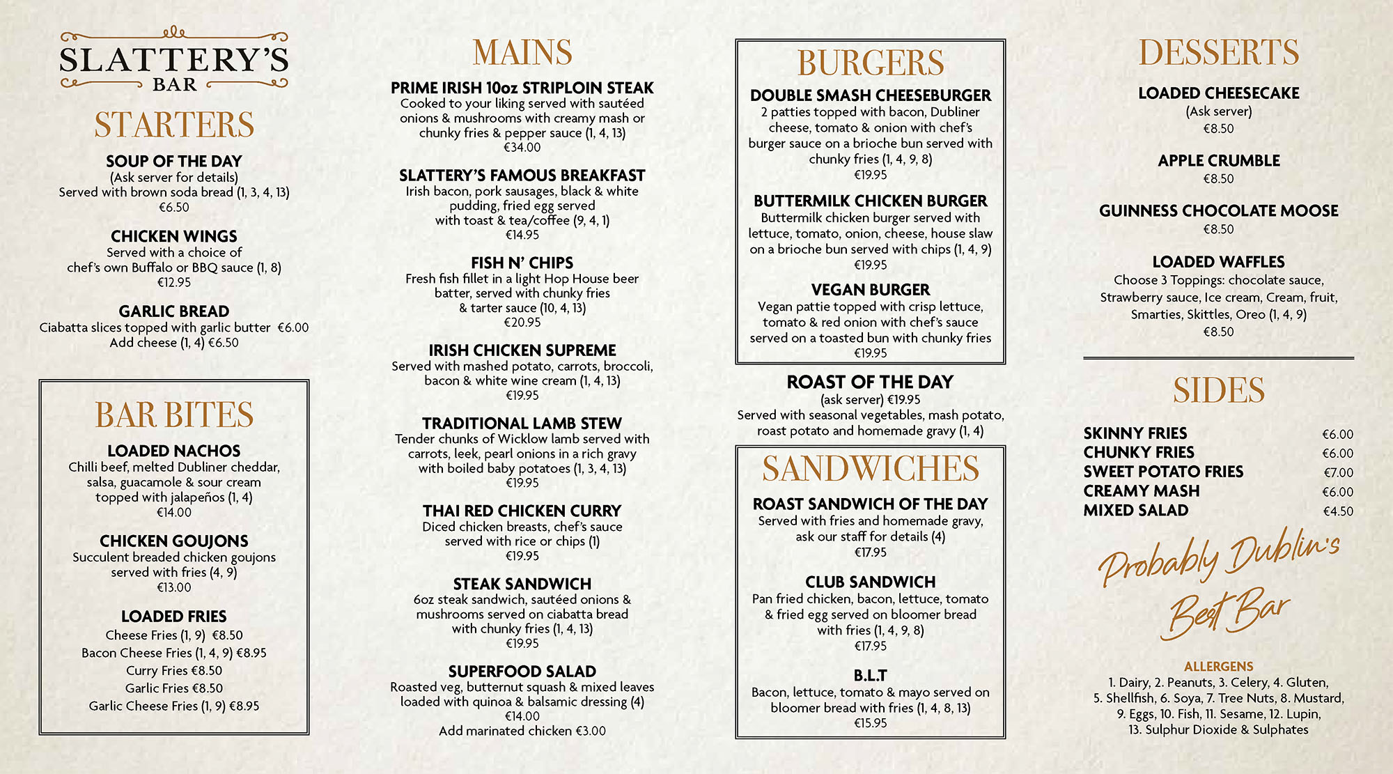 Slatterys Capel Street Food Menu 2026