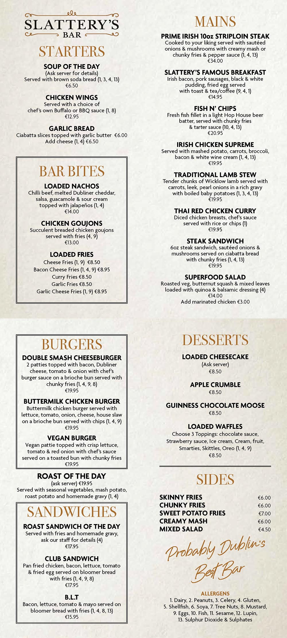 Slatterys Capel Street Food Menu 2026